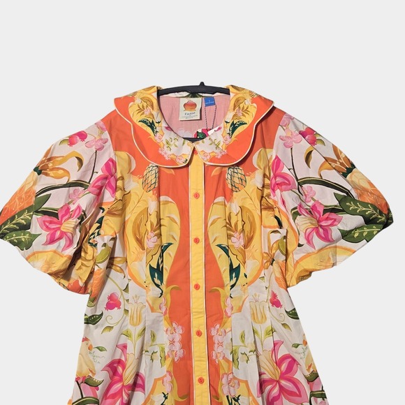 FARM Rio Tropical Floral Puff Sleeve Button Front Mini Dress L Resortwear NWT - Picture 2 of 13